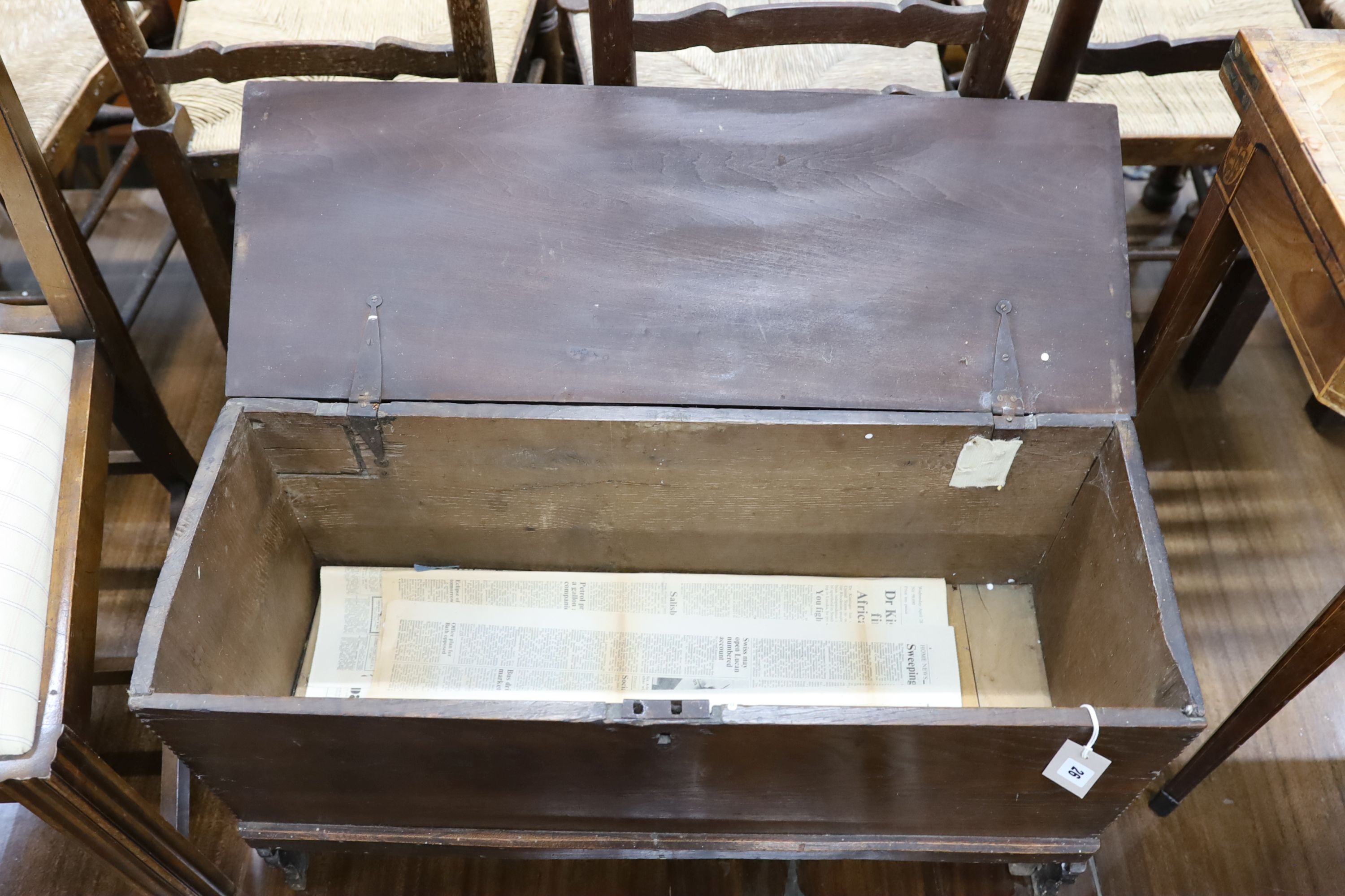 An 18th century and later Sussex oak six plank coffer, width 82cm, depth 30cm, height 47cm